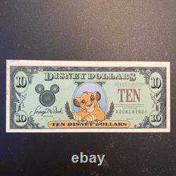 Très Rare Disney Dollars Billet de 10 $, Simba Roi Lion numéro de série bas série de 1997