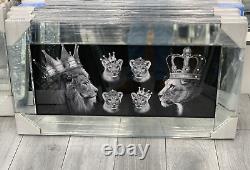 XXL Roi Lion et Reine avec Couronne Art Liquide Cadre Mural Aspect Chrome 82x42cm